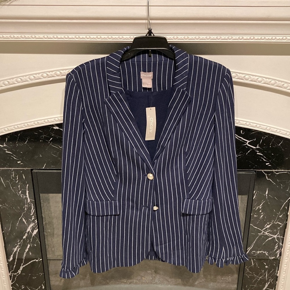 Chicos Women’s 1 US 8/10 Blazer Jacket Blue White Stripe Faux Pearl Buttons